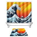 シャワーカーテン バスマット セット 浮世絵 波柄 フロアマット 壁掛け タペストリー ポリエステル製 吸水速乾 厚手 滑り止め 上質 インテリア バスルーム ...