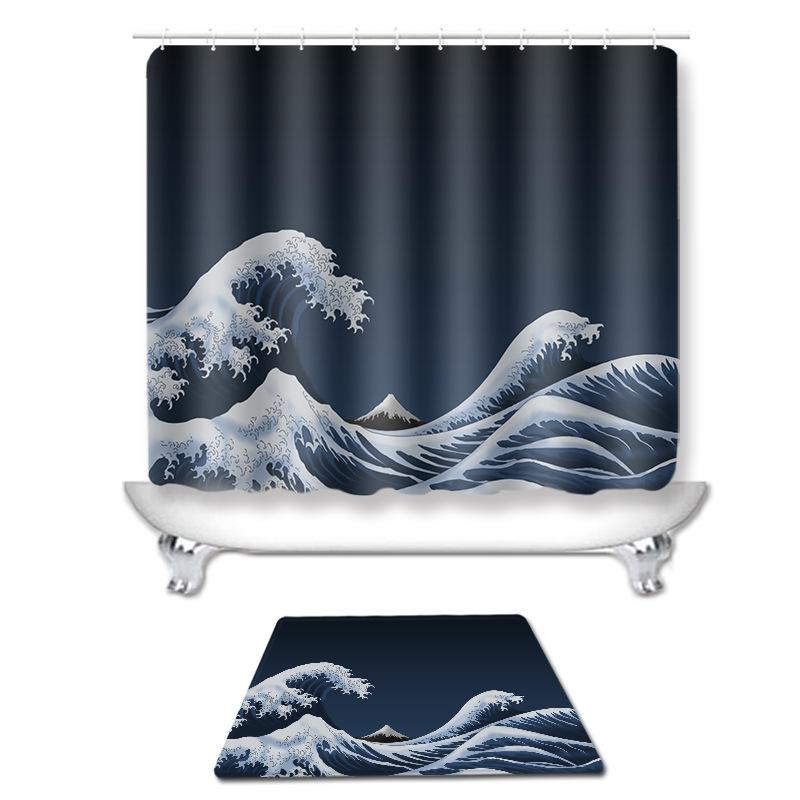 シャワーカーテン 浮世絵波柄 タペストリー 壁掛け ラグ バスマット ポリエステル 厚手 高級感 リビング 浴室 玄関 上質 防水 防カビ 速乾 滑り止め ウォッシャブル