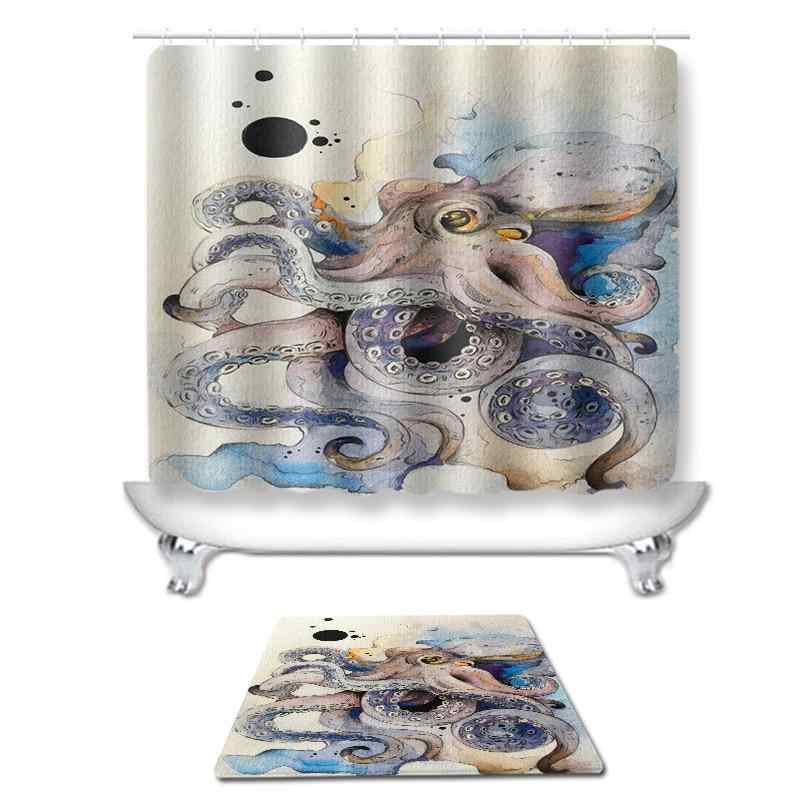 バスルーム用品セット シャワーカーテン 浴室足拭き トイレ用敷物 オクトパス柄 ポリエステル製 デジタ..