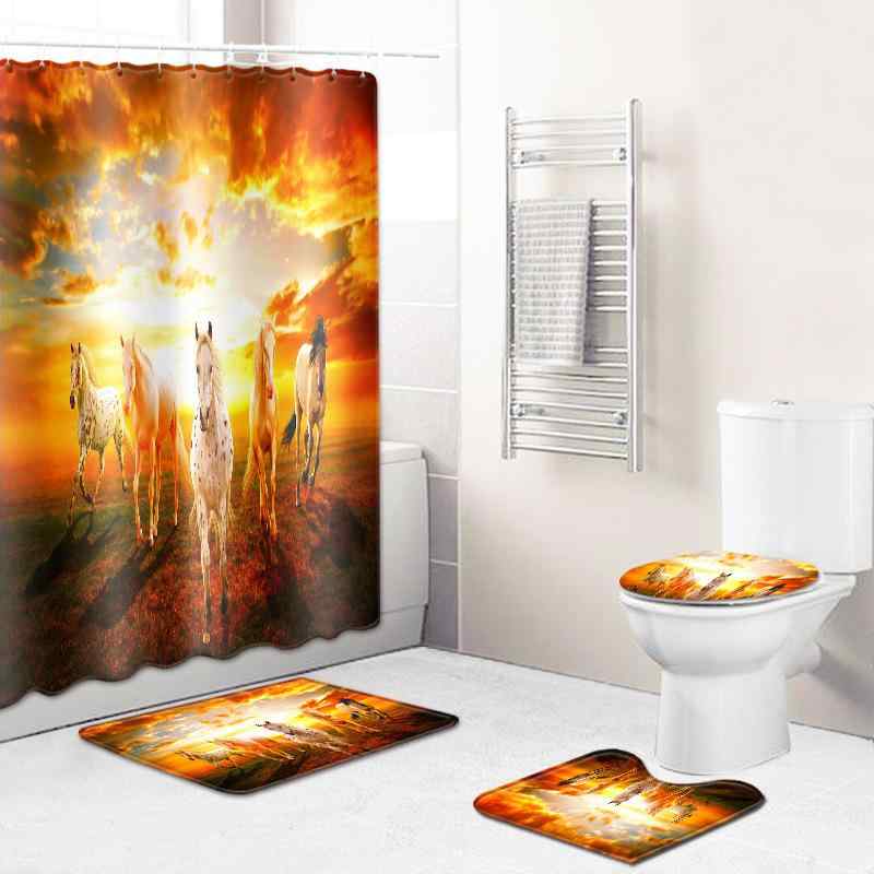 バスルーム&amp;インテリア雑貨 馬柄 防水シャワーカーテン 撥水加工 トイレマット フットマット ポリ..