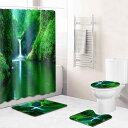 浴室用 4点セット シャワーカーテン バスマット 流水風景柄 ポリエステル 防水 フランネル フロアマット アメリカンスタイル おしゃれ モダン バス用品