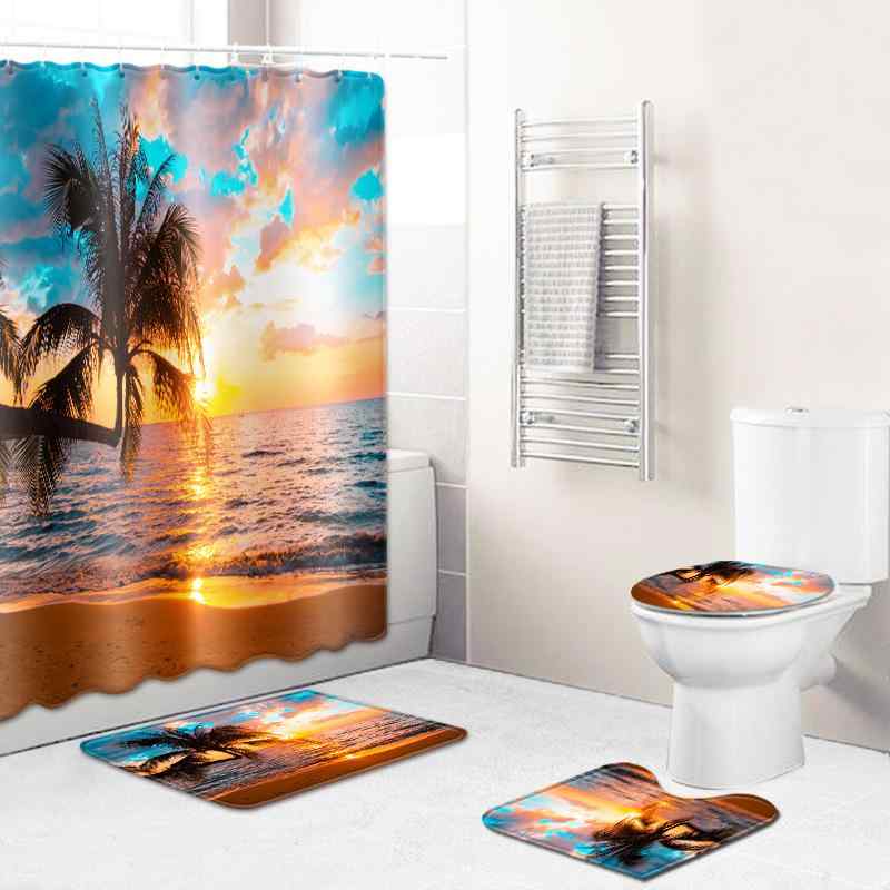 シャワーカーテン フロアマット トイレマット タペストリー ビーチ ヤシの木柄 防水 撥水 防カビ 高精..