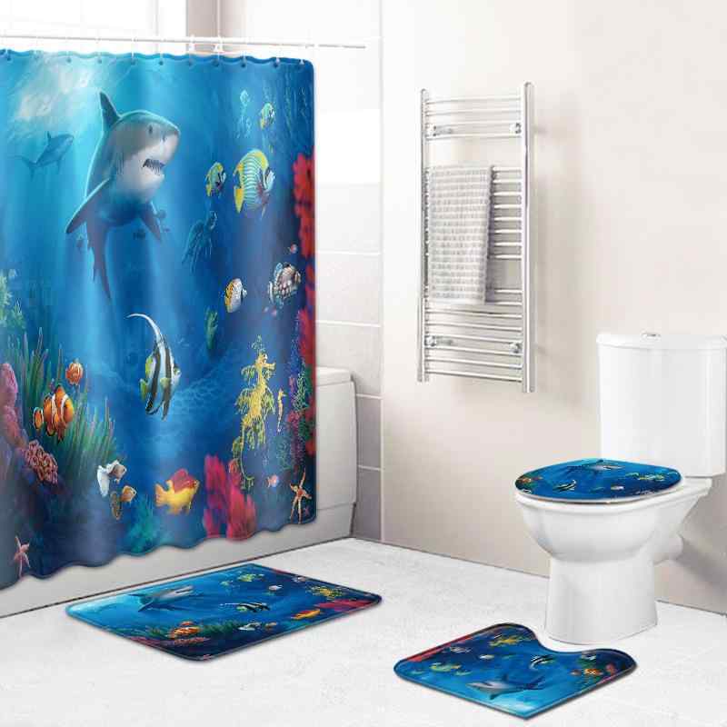 シャワーカーテン 海洋柄 防水 浴室トイレ足元マット 滑り止め付き リビング 寝室 洗面所 壁掛け タペストリー ポリエステル インテリア コーディネートセット