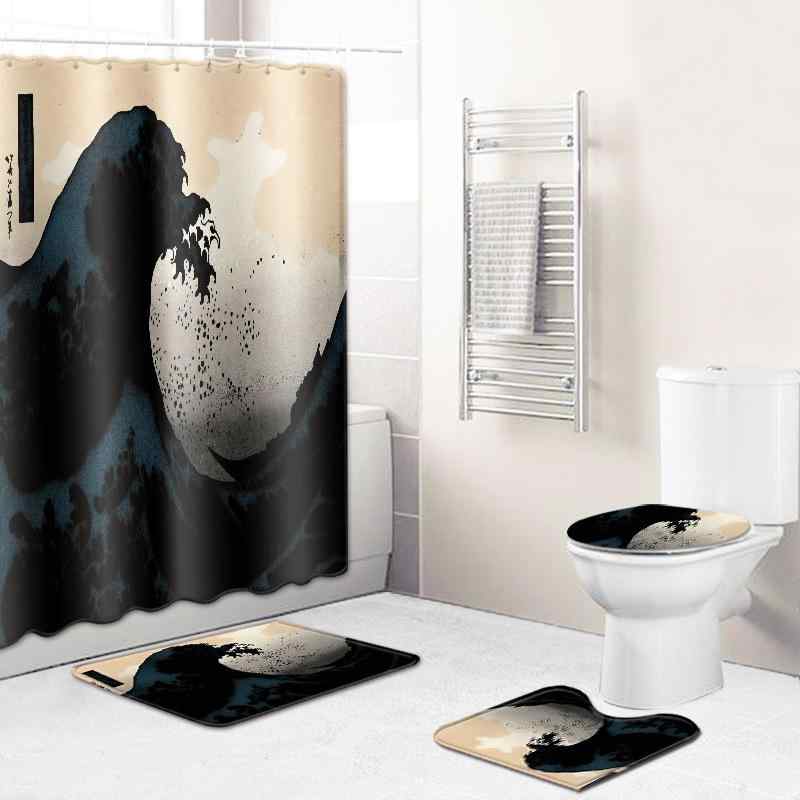 シャワーカーテン バスカーテン ラグ フロアマット タペストリー 浮世絵 波柄 ポリエステル 防水 防カ..
