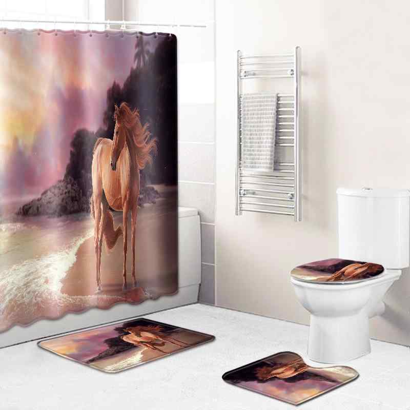 シャワーカーテン トイレマット タペストリー 駿馬柄 防水 撥水加工 ポリエステル フランネル モダン ..