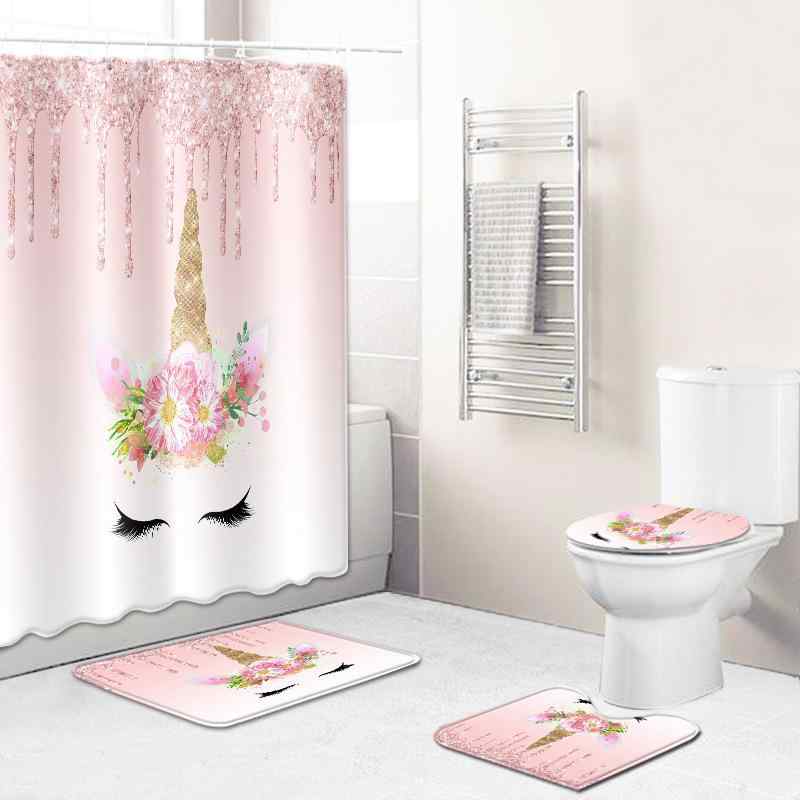 浴室4点セット 防水シャワーカーテン 英字柄 ポリエステル フランネル バスマット トイレマット 蓋カバ..