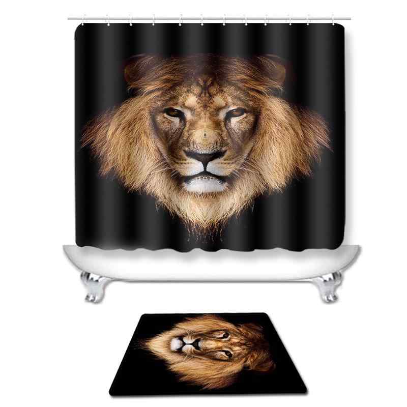 浴室用インテリア ライオン柄 シャワーカーテン トイレマット 足拭きマット 3点セット ショートパイル 高級感 吸湿速乾 滑り止め 洗える ポリエステル