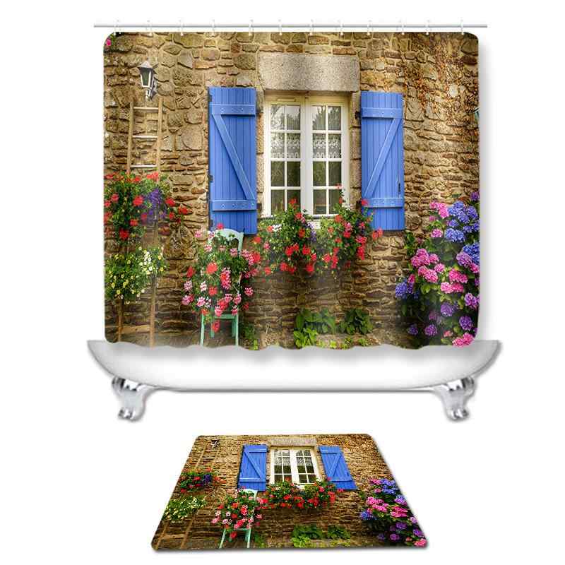 シャワーカーテン 浴室用 ポリエステル プリント 壁柄 風景柄 バスマット フロアマット トイレマット 3点セット 4点セット 高級感