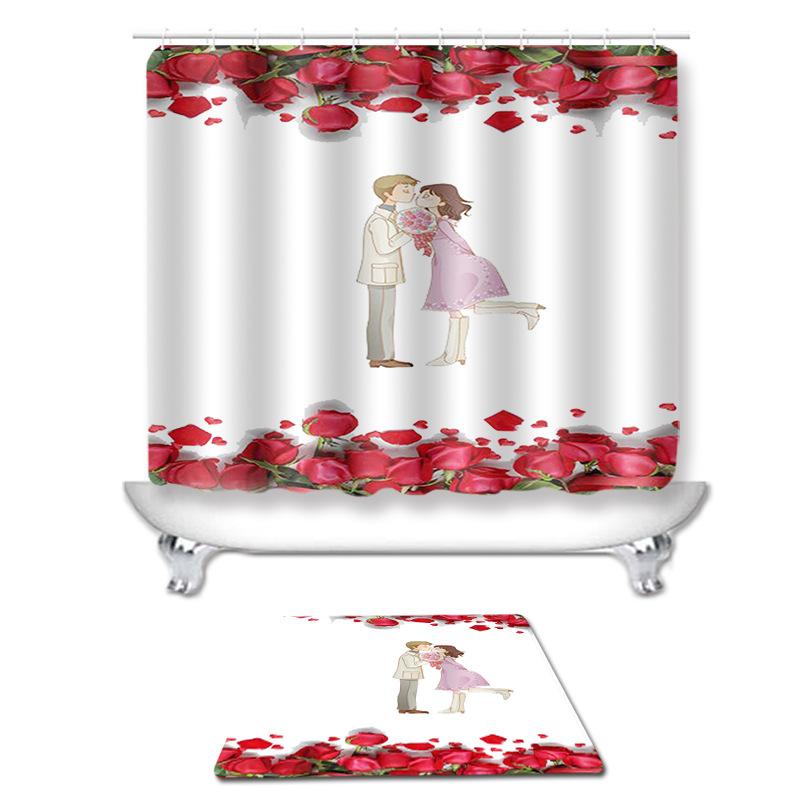 シャワーカーテン バレンタインデー 防水 ポリエステル 花柄 ハート柄 かわいい アメリカン スタイル 浴室 バスマット 足元マット セット おしゃれ お手入れ簡単 速乾