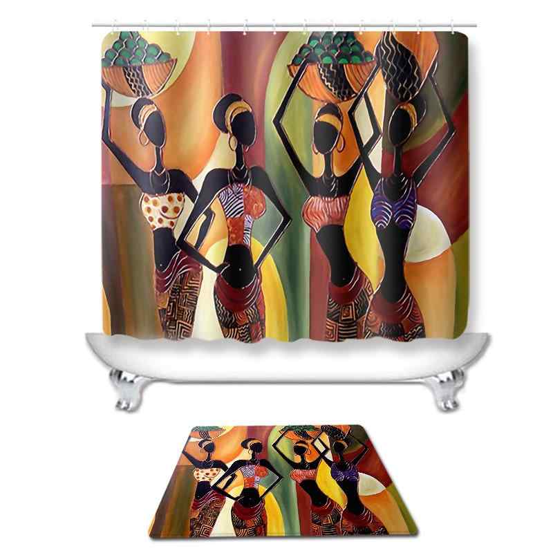 シャワーカーテン 浴室 間仕切り 撥水 防カビ ポリエステル マルチサイズ 真鍮ハトメ アフリカ女性柄 トイレマット フタカバー 足元マット アメリカンスタイル 選べるセット