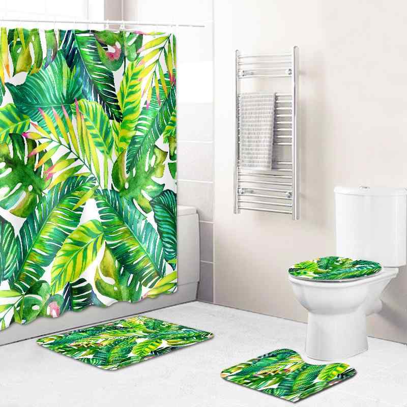 バスルームセット シャワーカーテン リーフ柄 ボタニカル柄 短毛 フランネル バスマット トイレマット ..