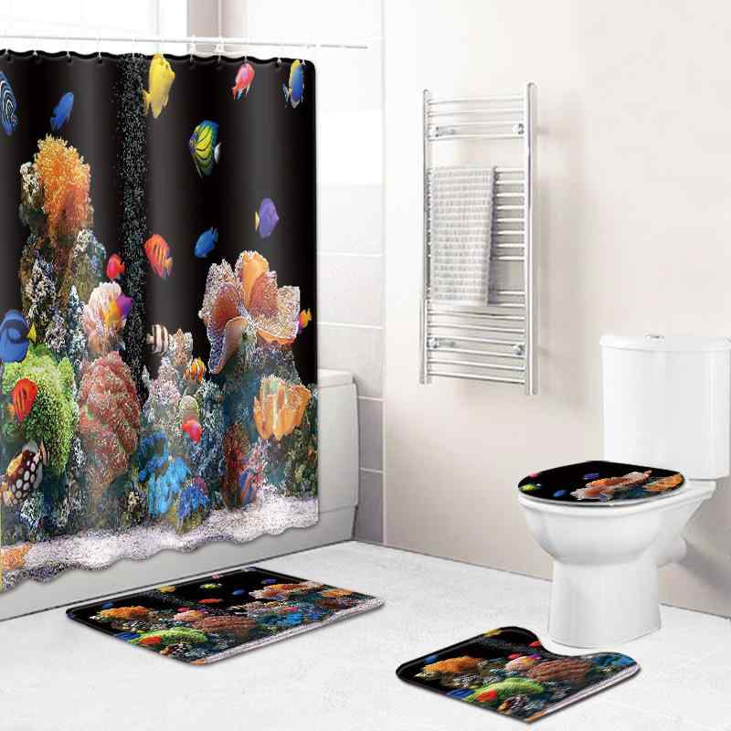 バスルーム インテリアセット シャワーカーテン トイレマット フットマット 海洋柄 マリン 防水 撥水 ..