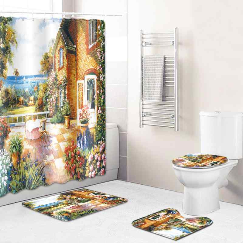 シャワーカーテン 油絵風 浴室用 ポリエステル トイレマット 玄関マット 短毛 タペストリー セット 高級感 モダン アート柄 リビング 部屋 模様替え 洗える