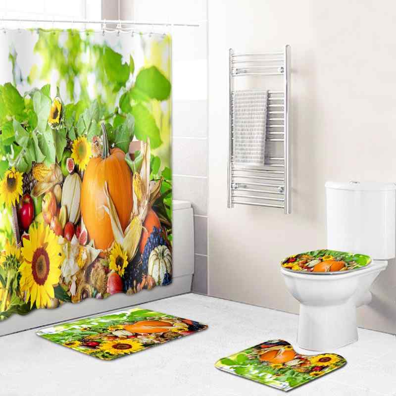 浴室セット インスタ風 感謝祭 カボチャ 緑葉柄 デジタルプリント ポリエステル 防水シャワーカーテン 吸水バスマット トイレマット 田園風