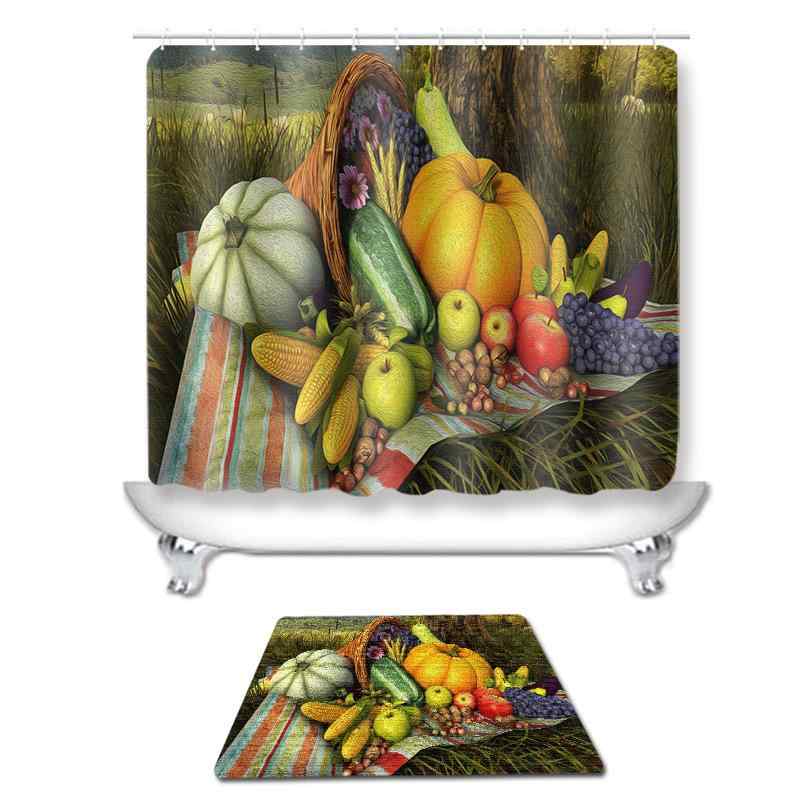 バスルーム3点セット 感謝祭 カボチャ柄 グリーンリーフ柄 田園風 デジタルプリント 防水 速乾 吸水 滑り止め シャワーカーテン 足元マット ポリエステル 洗える