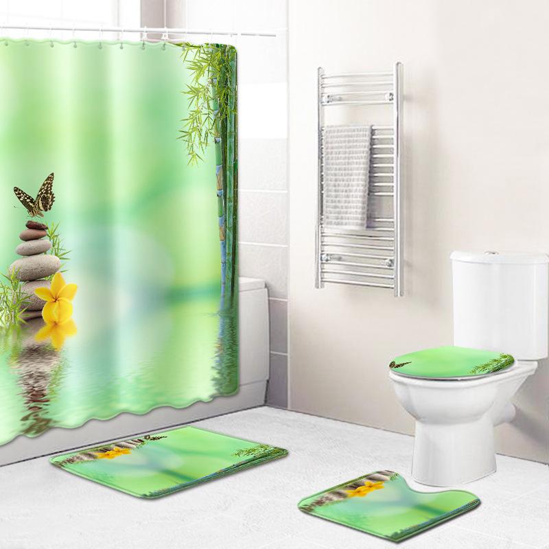 バスグッズ シャワーカーテン 吸水バスマット トイレ足元マット セット 厚手1.2cm ポリエステル製 速乾 田園風 カントリー調 ナチュラル ボタニカル柄 グリーン 緑 竹柄 ストーン柄