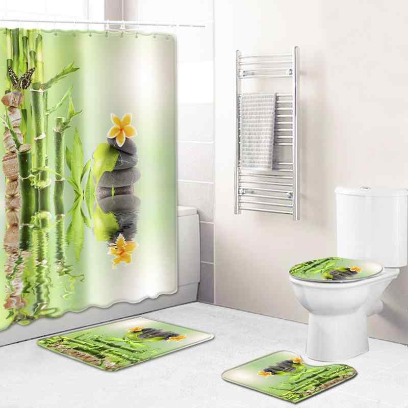 バスマット シャワーカーテン トイレ 吸水 速乾 足拭き ポリエステル ボタニカル柄 グリーン 竹柄 洗面所 バスルーム