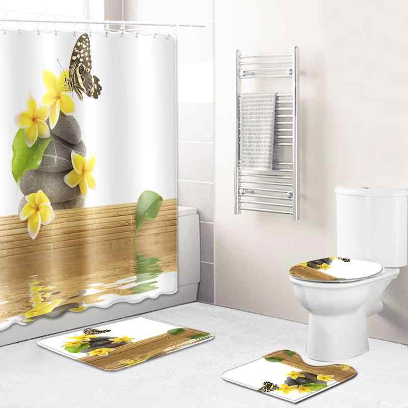 シャワーカーテン バスマット トイレマット ポリエステル 吸水 厚手 滑り止め 緑色 竹柄 石柄 田園風 浴室 洗面所用