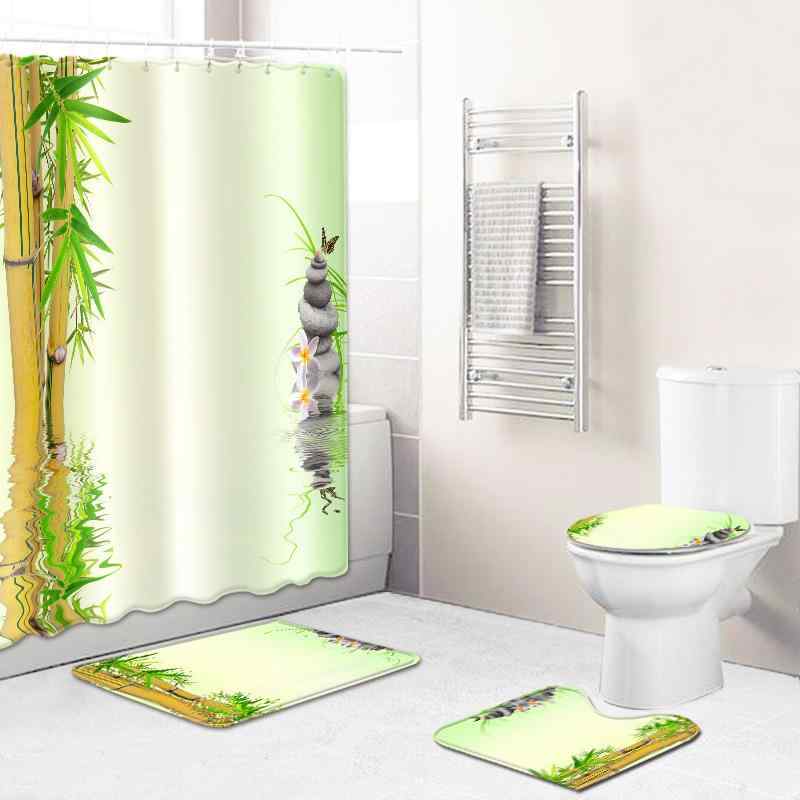 シャワーカーテン 浴室バスマット トイレマット 吸水 速乾 厚手 滑り止め ポリエステル 洗える グリーン 竹柄 石柄 多点セット