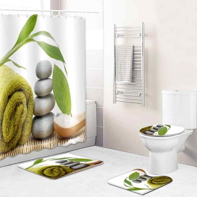 浴室用品 シャワーカーテン バスマット トイレマット 3点セット 吸水 速乾 厚手 ポリエステル グリーン 竹柄 ストーン柄 ナチュラル カントリー調