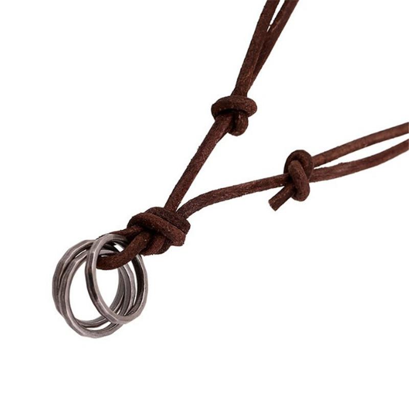 ネックレス メンズ 欧米風 ショート 本革 牛革 レザー 合金 3連リング レトロ ヴィンテージ ワイルド 無骨 幾何学模様 ブラウン(4)