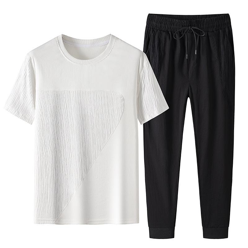 セットアップ メンズ カジュアル スポーツ 半袖 長ズボン 韓国ファッション 夏 接触冷感 伸縮性 ルームウェア 普段使い ホワイト ブラック