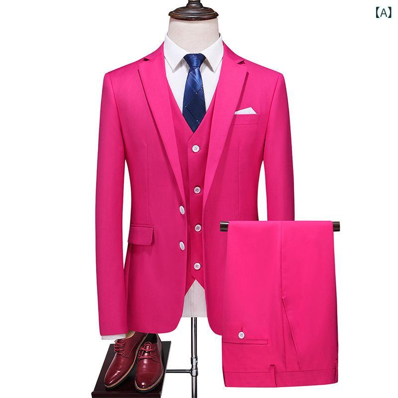 スーツ メンズ 男性用 スリーピース 3点セット セットアップ スリムフィット 細身 大きいサイズ ビッグサイズ ファッション ビジネス 通勤 結婚式 定番 ローズレッド マゼンタ