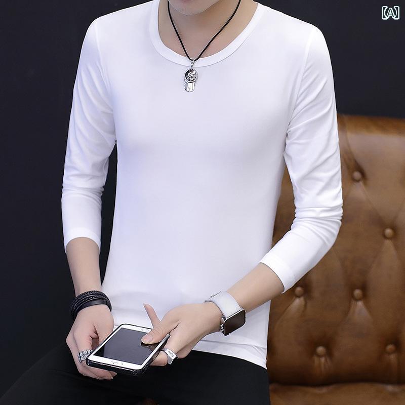 Tシャツ メンズ 男性用 長袖 トップス カットソー クルーネック 丸首 スリムフィット 細身 綿 コットン 無地 ノーアイロン イージーケア カジュアル 普段着 部屋着 インナー ホワイト 白 ブラック 黒 春秋
