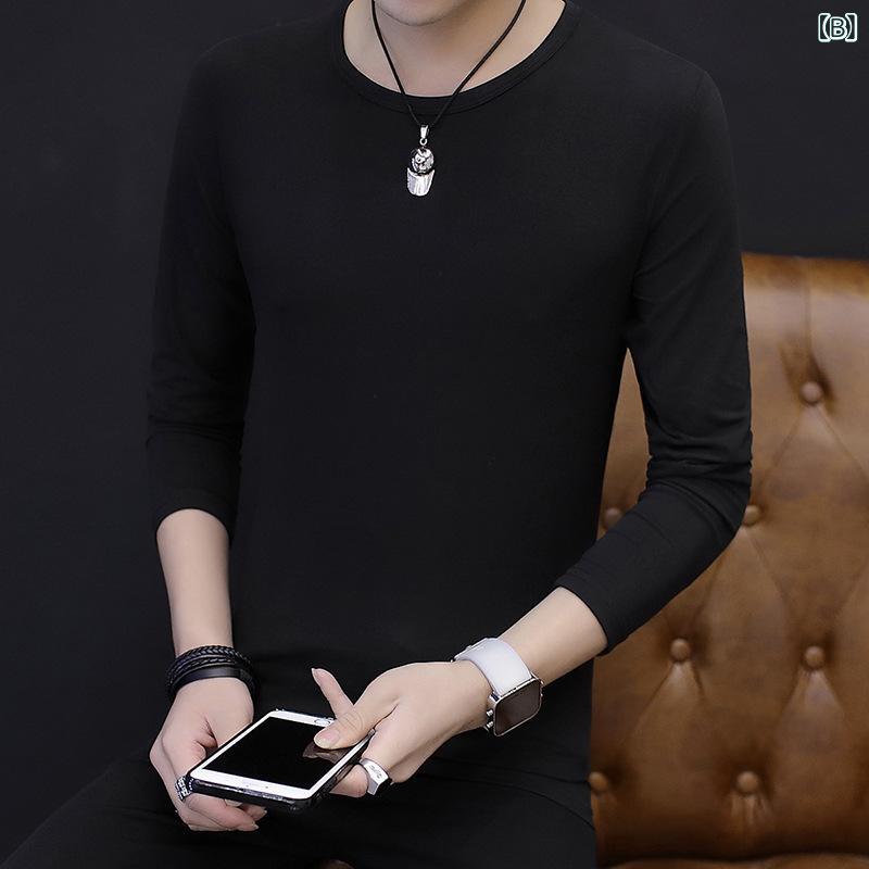 Tシャツ メンズ 男性用 長袖 トップス カットソー クルーネック 丸首 スリムフィット 細身 綿 コットン 無地 ノーアイロン イージーケア カジュアル 普段着 部屋着 インナー ホワイト 白 ブラック 黒 春秋