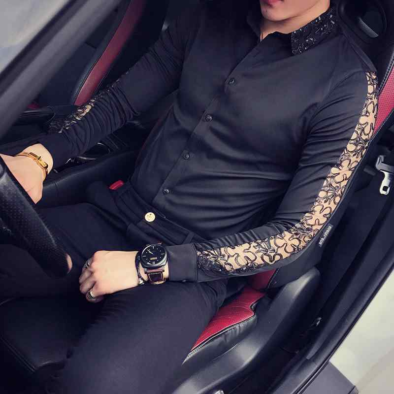 シャツ メンズ 男性用 春秋 英国風 トラッド レース袖 透かし編みデザイン 長袖 スリムフィット 綿素材 ポインテッドカラー カジュアル 普段使い ホワイト ブラック