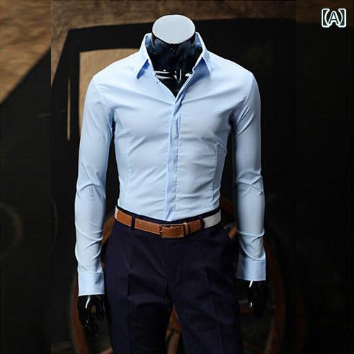 シャツ メンズ 長袖 ワイシャツ スリムフィット 形態安定 綿混 ポリエステル ビジネス カジュアル オフィス 通勤 普段使い 男性用 スタンダードカラー 無地 春秋 白 黒 ネイビー グレー ブルー ピンク