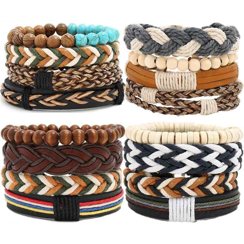 ブレスレット 男女兼用 4点セット ウッドビーズ 編み込み 重ね付け風 ハンドメイド 腕輪 バングル カジュアル 普段使い デイリー レトロ ペア 天然素材 ギ...