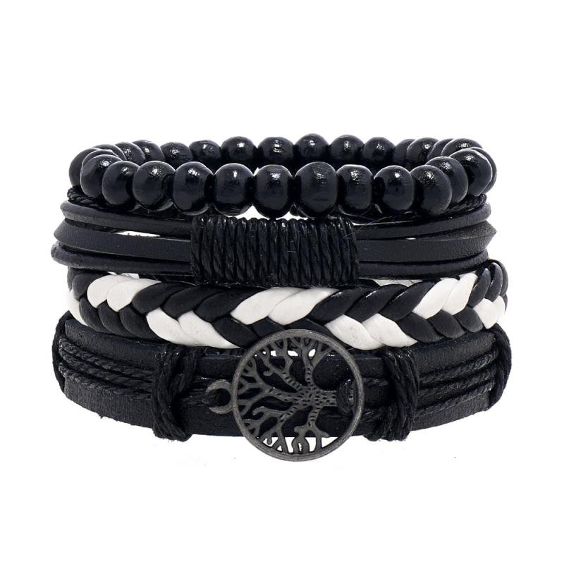 ブレスレット メンズ 男女兼用 レザー 革 多層 生命の樹 平和の樹 ハンドメイド 手編み 個性的 アクセサリーセット ブラック 腕輪