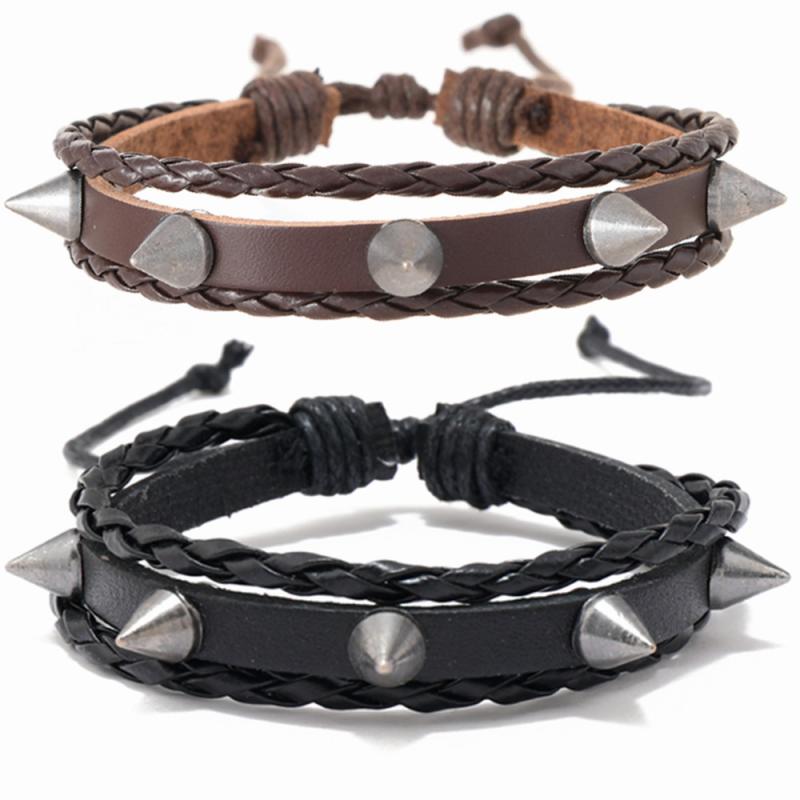 ブレスレット 男女兼用 欧米風 パンクロック ヴィンテージ レトロ レザー 革 編み込み リベット 個性的 おしゃれ ファッション 普段使い ストリート 幾何学...