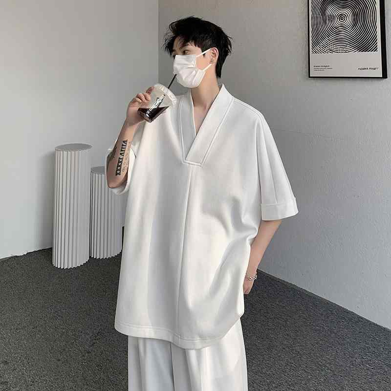 Tシャツ メンズ 中華風 交差襟 チャイナデザイン 半袖 プルオーバー 接触冷感 シルクタッチ 薄手 ゆったり オーバーサイズ 無地 ポリエステル カジュアル シワになりにくい 通気性 夏物