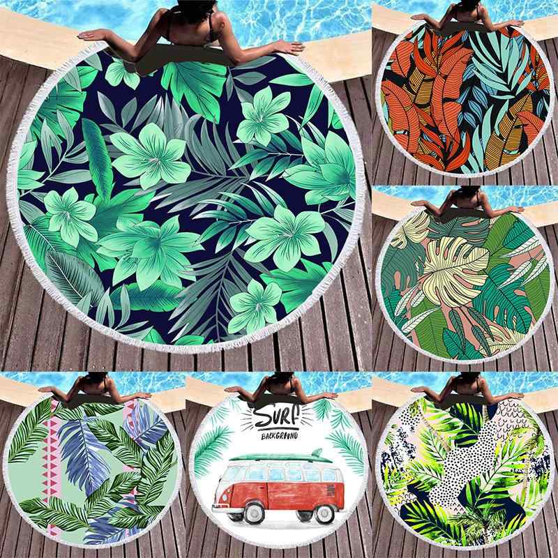 ビーチタオル 超極細繊維 トロピカル柄 ボタニカルデザイン 丸型 大判 フリンジ付き 吸水速乾 軽量 や..