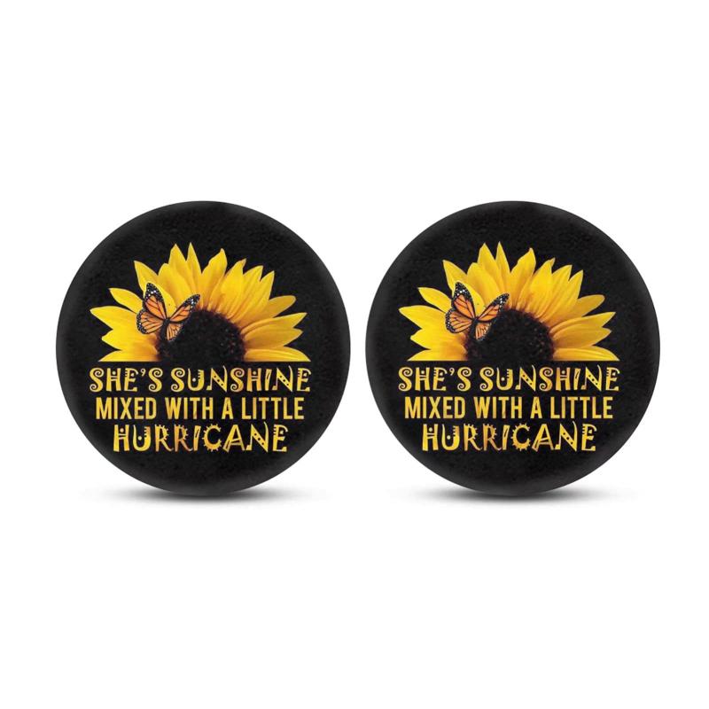 ドリンクホルダーマット 車用 吸水性 速乾性 2枚セット ひまわり柄 向日葵 花柄 ブラック カーアクセサ..