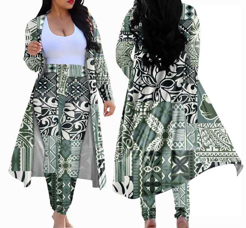 セットアップ レディース 女性用 ポリネシア風 欧米風 プリント柄 長袖 ケープ ロングパンツ ポリエステル 上下セット 通勤 普段使い カジュアル リゾート