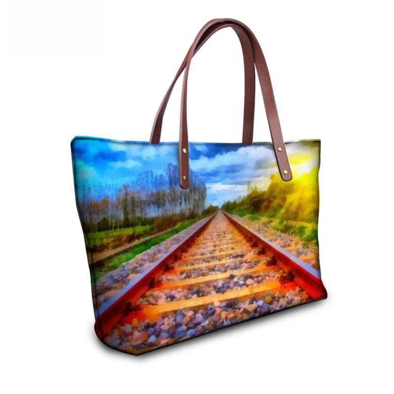 ハンドバッグ レディース 女性用 鉄道 バラ 油絵風 プリント ポリエステル 横型 スクエア型 大容量 手..