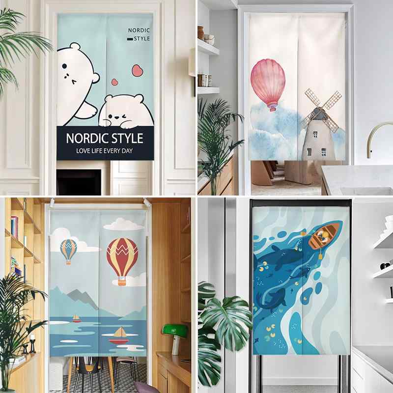 暖簾 かわいい キャラクター おしゃれ 北欧風 ナチュラル 間仕切りカーテン 目隠し 油煙防止 部屋仕切り ダイニング キッチン 寝室 トイレ 玄関用 ポリエステル 布製(x2)