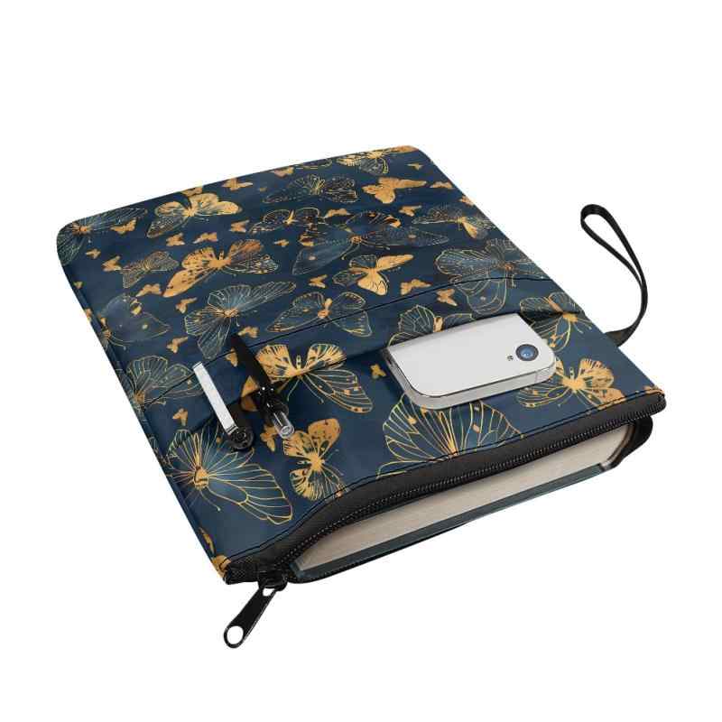 ブックカバー 書籍カバー 本カバー 保護ケース ファスナー ジッパー 洗える ウォッシャブル カラフル 蝶柄 ポリエステル A5判 B5判 読書 携帯用