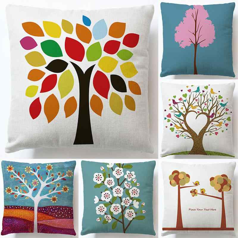 クッションカバー 北欧風 油絵 ツリー柄 キャラクター かわいい 麻 リネン ソファ リビング インテリア..