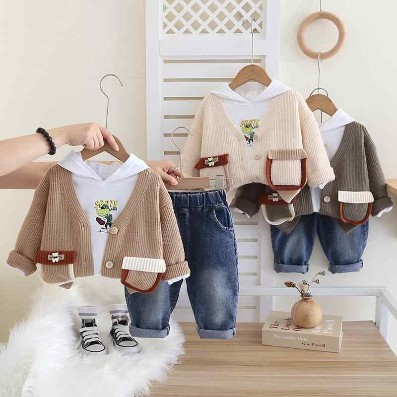セットアップ ベビー キッズ 男の子 春秋 セーター カーディガン 3点セット おしゃれ カジュアル アウター 綿 フード付き 長袖 ロングパンツ 無地 柔らかい肌触り シングルボタン 前開き カーキ オフホワイト グレー