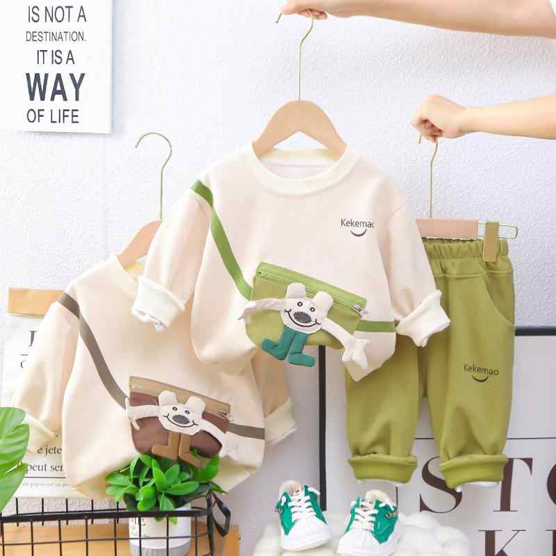 トレーナー 男の子 ベビー キッズ 春秋冬 カジュアル 長袖 トップス パンツ セットアップ 綿 コットン 柔らか肌触り プリント柄 2点セット 普段使い 部屋着 グリーン コーヒー切り替え