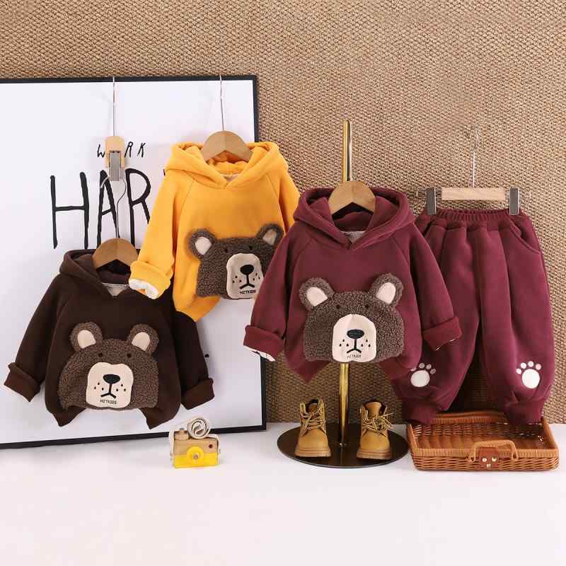 ベビー服 男の子 男児 冬 裏起毛 厚手 暖かい 防寒 クマ耳 キャラクター フード付き スウェット上下セット トレーナー 韓国風 綿混素材
