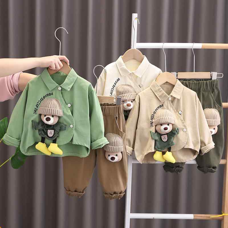 キッズ 男の子 春秋 セットアップ 長袖シャツ ロングパンツ 2点セット 綿 コットン かわいい キャラクター クマ柄 アニマル おしゃれ トレンド カジュアル 普段使い 通園 幼児 ベビー服