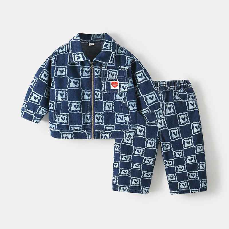 キッズ セットアップ 男女兼用 デニム 2点セット 上下セット 韓国風 カジュアル キャラクター 長袖 ロングパンツ デニムブルー 綿 春夏 ジップアップ 柔らかな肌触り おしゃれ かわいい