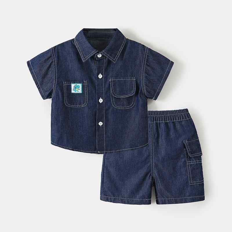 セットアップ キッズ 男の子 ベビー デニム 半袖 薄手 シャツ ショートパンツ 綿 ポリエステル 無地 上..