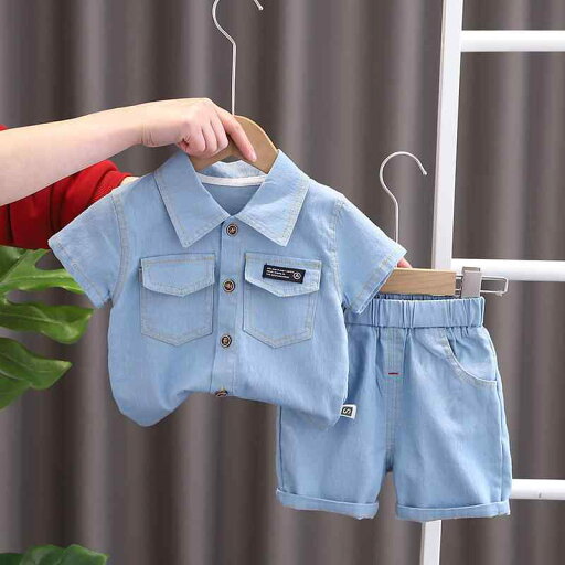 キッズ 男の子 男児 ボーイズ デニム シャツ 半袖 トップス ショートパンツ 半ズボン セットアップ 上下セット 2点セット 春夏 襟付き 薄手 コットン カジュアル 韓国風