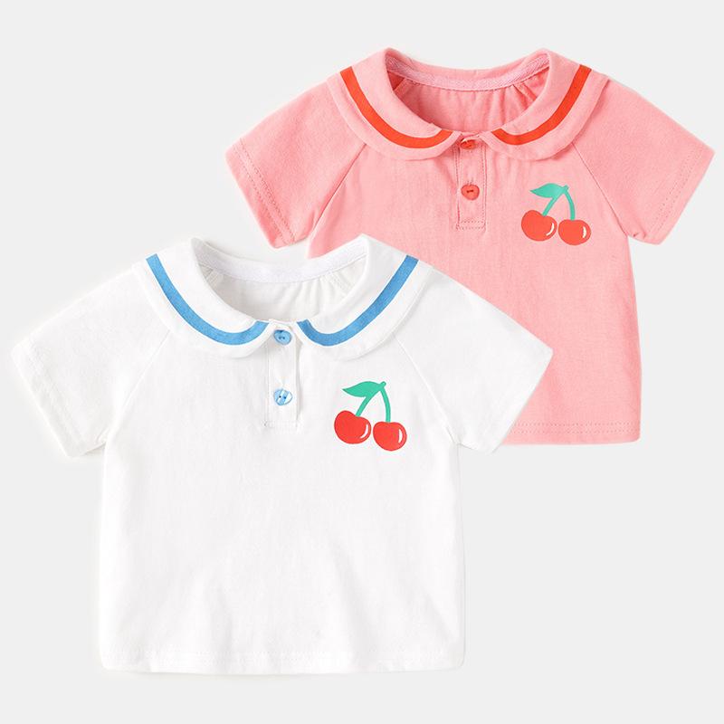 ベビー服 女の子 半袖 Tシャツ ドールカラー 襟付き 韓国風 キャラクター 綿 コットン 吸湿速乾 夏物 トップス インナー ホワイト ピン..